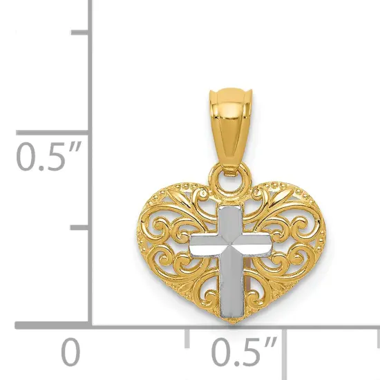 14K Two Tone Gold Cross Heart Charm Jewelry Pendant 16mm x 12mm {5}