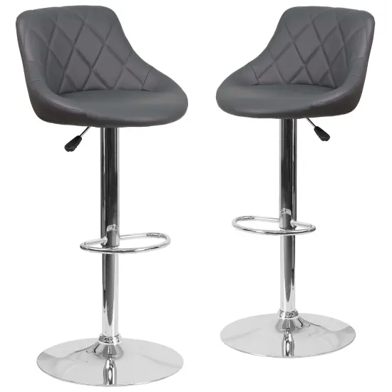 Emma and Oliver 2 Pack Contemporary Vinyl Bucket Seat Adjustable Height Barstool with Diamond Pattern Back and Chrome Base Gray {1}