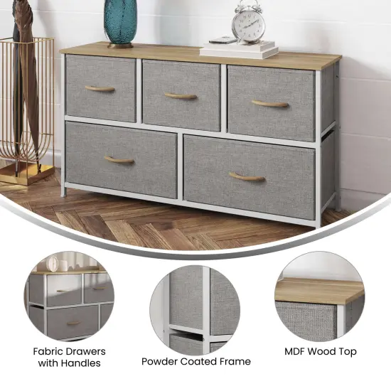 Emma and Oliver Marley 5 Drawer Storage Dresser with Cast Iron Frame, Wood Top and Easy Pull Fabric Drawers with Wooden Handles BeigeDrawer/White {2}