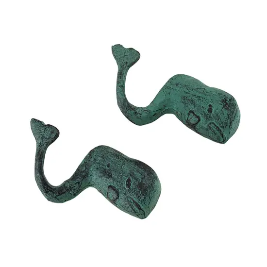 Set of 2 Verdigris Finish Sperm Whale Cast Iron Wall Hooks {1}