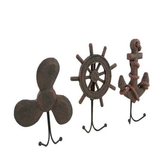 Set of 3 Weathered Finish Anchor Prop and Wheel Nautical Wall Hooks {1}