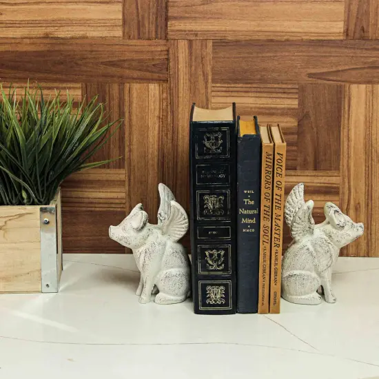 Set of 2 Cast Iron Distressed White Flying Pig Bookends Rustic Decorative Home {5}