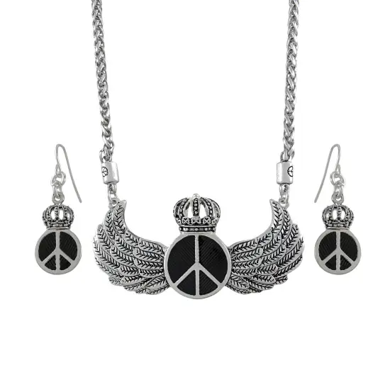Royal Winged Peace Sign Necklace and Dangle Earrings Set {1}