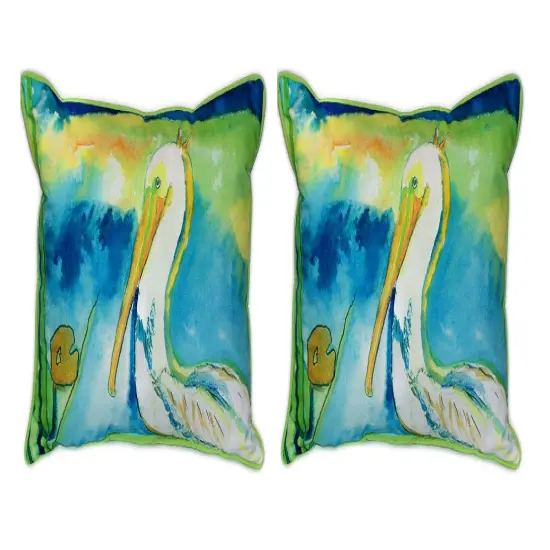 Pair of Betsy Drake `White Pelican` Indoor/Outdoor Pillows 16 In. X 20 In. {1}