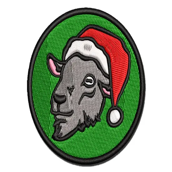 Goat Head with Santa Hat Christmas Multi-Color Embroidered Iron-On or Hook & Loop Patch Applique {1}