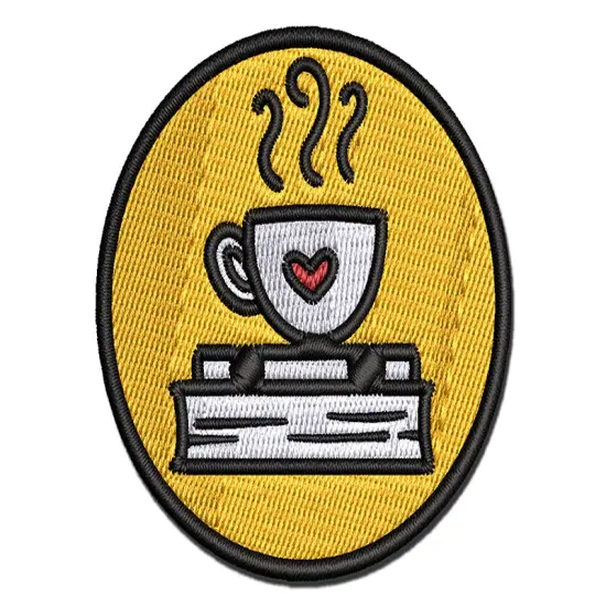 Coffee Sitting on Stack of Books Reading Multi-Color Embroidered Iron-On or Hook & Loop Patch Applique {1}