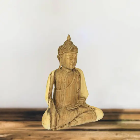13 Inch Wooden Hand Carved Sitting Buddha Sculpture Zen Home Decor Meditation {6}