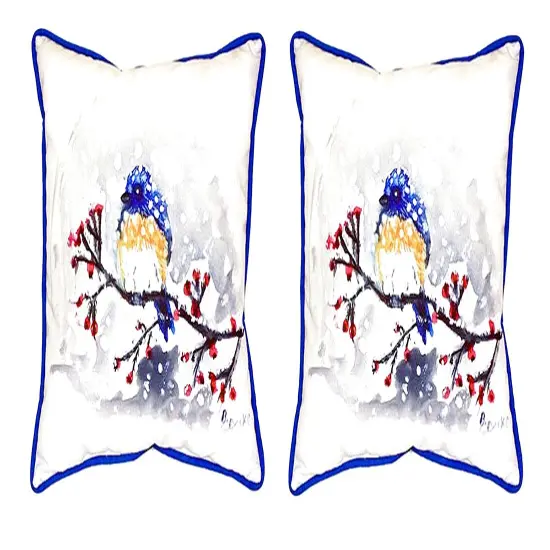 Pair of Betsy Drake Blue Bird & Snow Large Indoor/Outdoor Pillows 18 In. X 18 In {1}