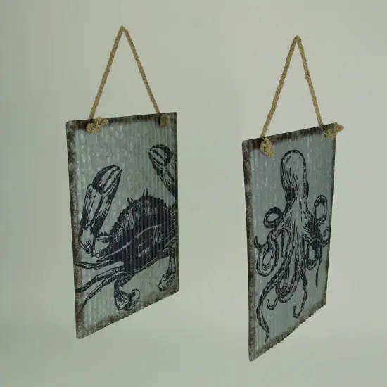 Ribbed Texture Galvanized Metal Octopus and Crab Art Wall Hanging Set {3}