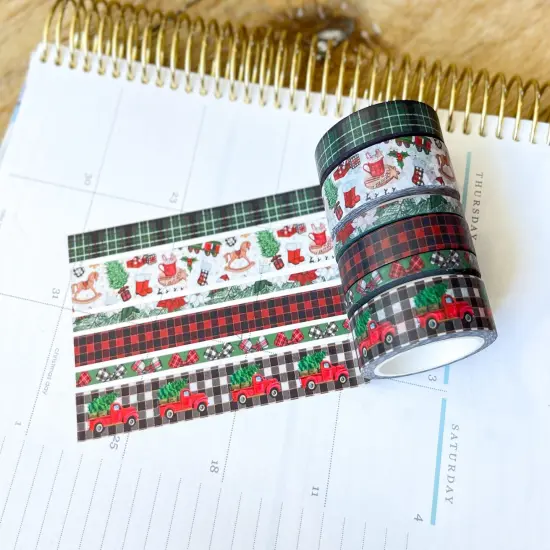Christmas Rustic Red Truck Buffalo Plaid Green & Red Holiday Washi Tape Set (#W073) {3}