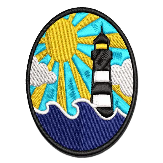 Lighthouse Sea Ocean Waves Multi-Color Embroidered Iron-On or Hook & Loop Patch Applique {1}