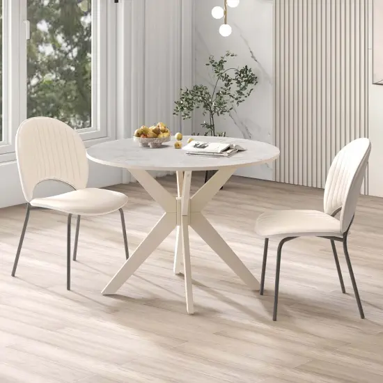 Costway Round Dining Table 36" Faux Marble Tabletop Rubber Wood Legs Kitchen White/Black {2}