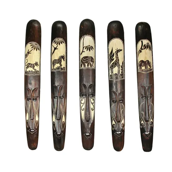 Set of Five 39 Inch Hand Carved African Style Tribal Masks Wall Bar Decor {1}
