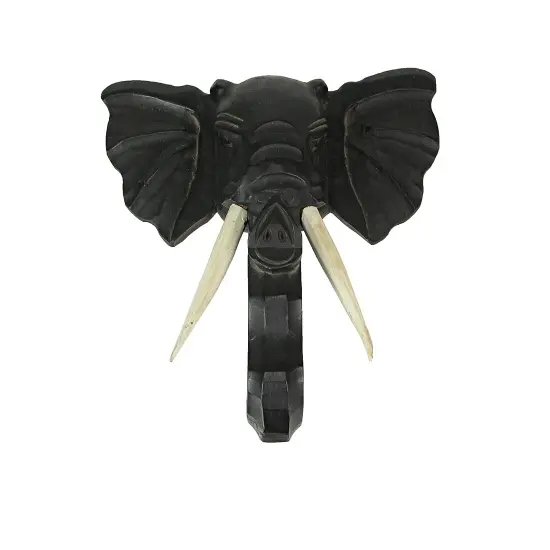 Hand Carved 12 Inch Black Elephant Head Wooden Wall Hanging Sculpture Safari Art {3}