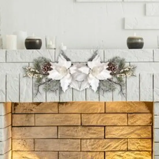 Set of 12: Iced White Poinsettia Pine Pick with Lifelike Twigs, Berries, & Pine Cones | 16" Long | Winter Accents | Seasonal Decor | Decorative Picks | Home & Office Decor {2}