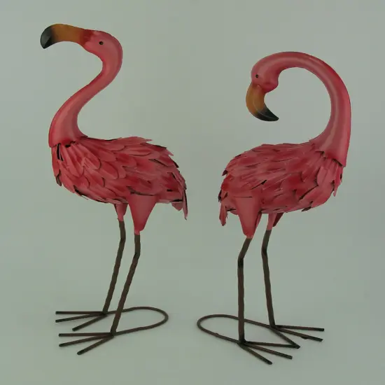 Set of 2 Decorative Metal Pink Flamingo Yard Statues {3}