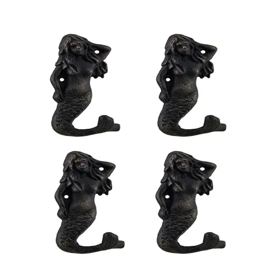 Set of 4 Blackened Bronze Finish Cast Iron Mermaid Wall Hooks {1}