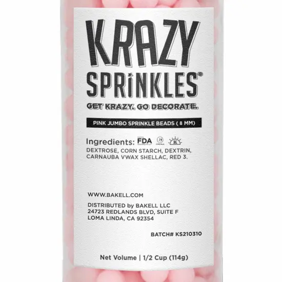 Krazy Sprinkles - Pink 8mm Beads (1/2 Cup, 1x Jar) for Cakes, Ice Cream & Cookies {5}