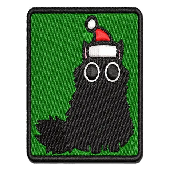 Fluffy Black Cat Santa Hat Christmas Multi-Color Embroidered Iron-On or Hook & Loop Patch Applique {1}