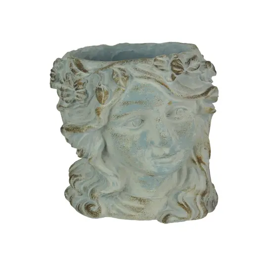 Weathered Blue-Gray Concrete Olive Wreath Roman Lady Head Planter 8 Inches High {1}