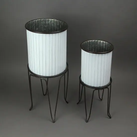 Set of 2 White / Charcoal Round Metal Tub Planters On Stands {3}