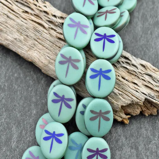 *8* 16mm Etched Matte Satin Turquoise Metallic Iris Dragonfly Coin Beads {3}