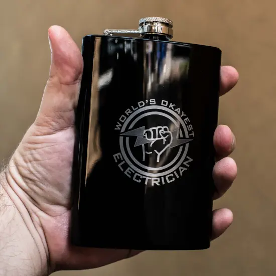 8oz BLACK World's Okayest Electrician Flask {3}