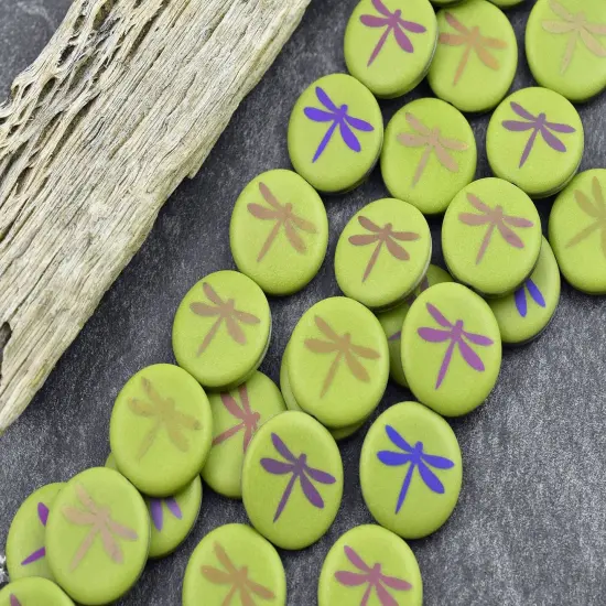 *8* 16mm Matte Satin Olive Green Metallic Iris Dragonfly Coin Beads {3}
