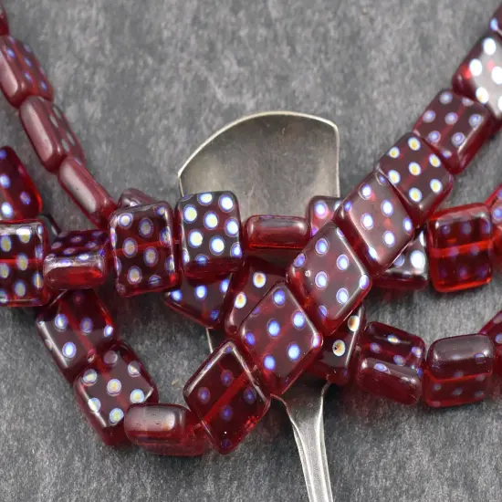 *20* 10mm Ruby Peacock Polka Dot Flat Square Beads {2}