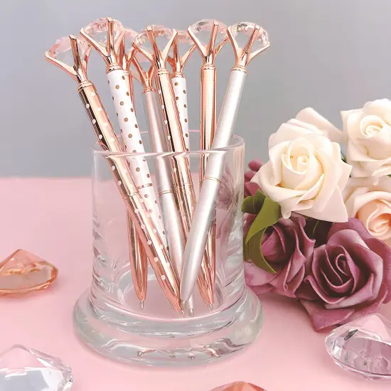Wrapables Crystal Diamond Ballpoint Pens, 1.0mm Medium Point Wedding Pens with Refills (Set of 8 Pens + 8 Refills), Rose Gold, Dots, Silver {4}