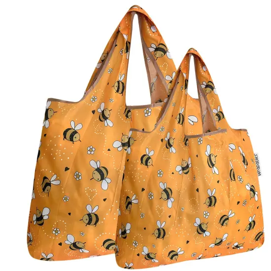 Wrapables Large & Small Foldable Tote Nylon Reusable Grocery Bags, Set of 2 Yellow Bees {1}
