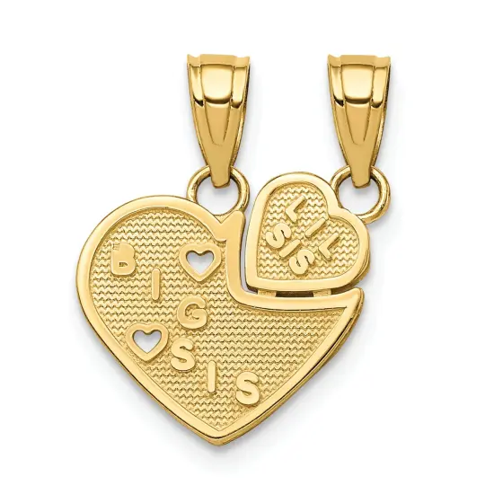 10K Gold Big Sis Lil Sis Break Apart Heart Charm Pendant Jewelry 18mm x 12mm {1}