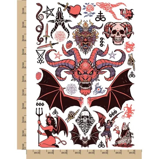 Evil Demons Devils Satanic Halloween Temporary Tattoo Water Resistant Fake Body Art Set Collection Black {6}