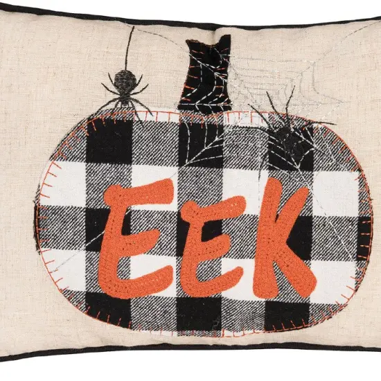 Franklin Plaid Black Pumpkin "Eek" Spider Web Halloween Linen Accent Pillow, 14" x 22" {5}