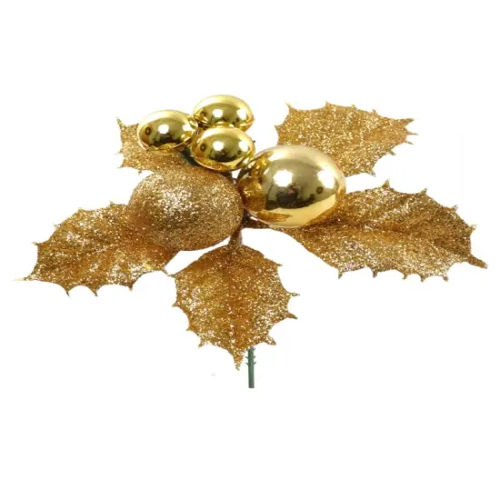 Set of 12: Sparkling Gold Glitter Holly Pick with Ornament Balls | Festive Holiday Decor | Trees, Wreaths, & Garlands | Christmas Picks | Home & Office Decor, Floral Home by Artificial Flowers {1}