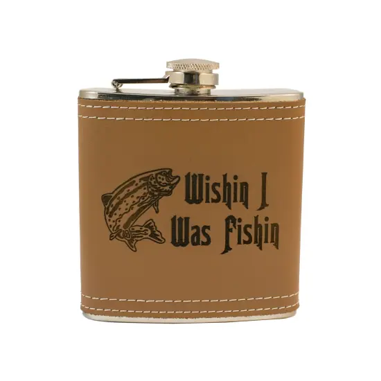 6oz Wishin I was Fishin Leather Flask {1}