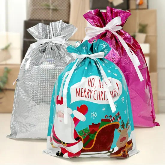 Wrapables Aluminum Foil Christmas Holiday Drawstring Gift Bags for Party Favors, Goodie Bag, Treats, Gift Wrap, Parties (of 6) XL Red White {3}