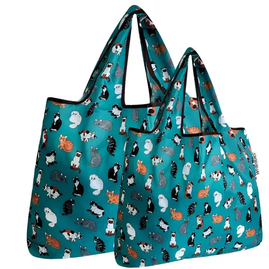 Wrapables Large & Small Foldable Tote Nylon Reusable Grocery Bags, Set of 2 Kitties Everywhere {1}