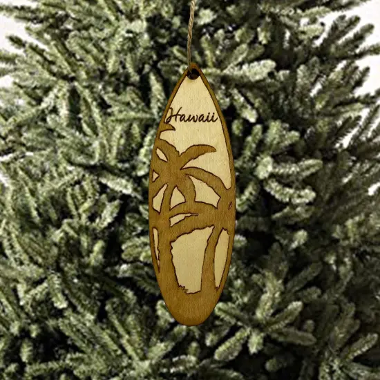 Ornament - Hawaii Palm Tree Surfboard - Raw Wood Maple {2}