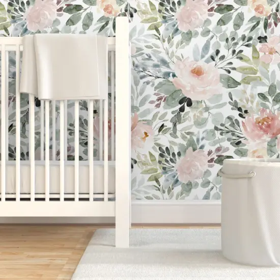 Pre-Pasted Wallpaper 2FT Wide Soft Floral Watercolor Roses Sage Green Blush Baby Girl Nursery Wedding Flowers Botanical Custom Pre-pasted Wallpaper by Spoonflower 10114394 {7}