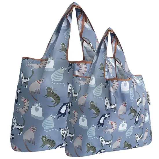 Wrapables Large & Small Foldable Tote Nylon Reusable Grocery Bags, Set of 2 Cool Felines {1}