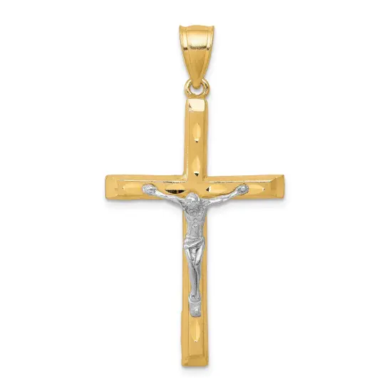 10K Gold & Rhodium Plated Diamond Cut Crucifix Pendant Charm Jewelry 45mm x 21mm {1}