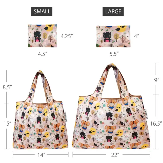 Wrapables Large & Small Foldable Tote Nylon Reusable Grocery Bags, Set of 2 Cuttie Animals {2}