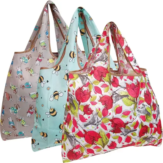 Wrapables Large Foldable Tote Nylon Reusable Grocery Bag, 3 Pack Playful Animals {1}