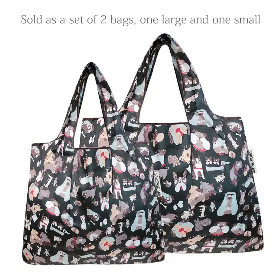 Wrapables Large & Small Foldable Tote Nylon Reusable Grocery Bags, Set of 2 Black Dogs {3}