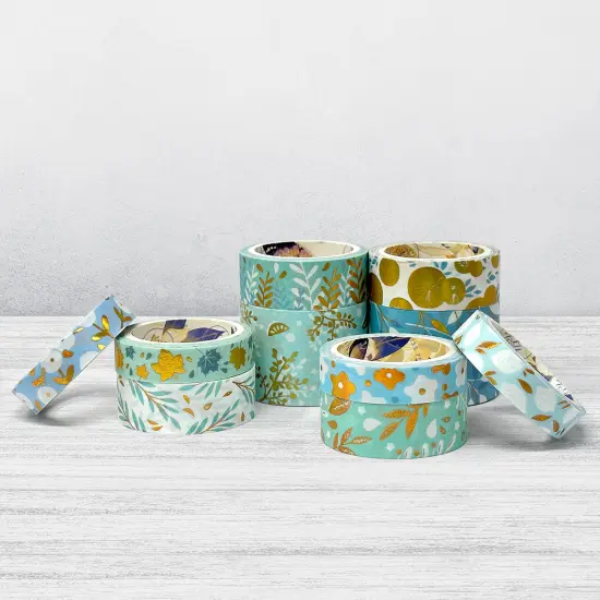 Wrapables Decorative Gold Foil Washi Tape Box Set for Arts & Crafts, Scrapbooking, Stationery, Diary (10 Rolls) Blue Green Bloom {6}
