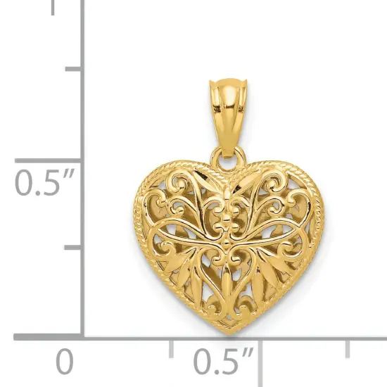 14K Two Tone Gold Reversible Filigree Heart Charm Jewerly 18mm x 14mm {2}