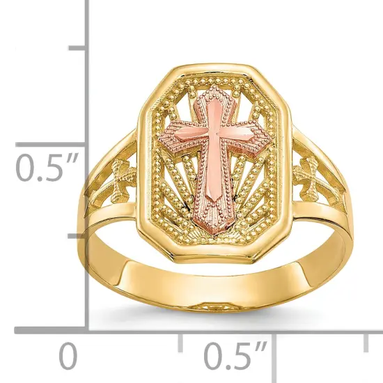 10K Gold Two Tone Filigree Cross Ring Jewelry Size 6 {2}