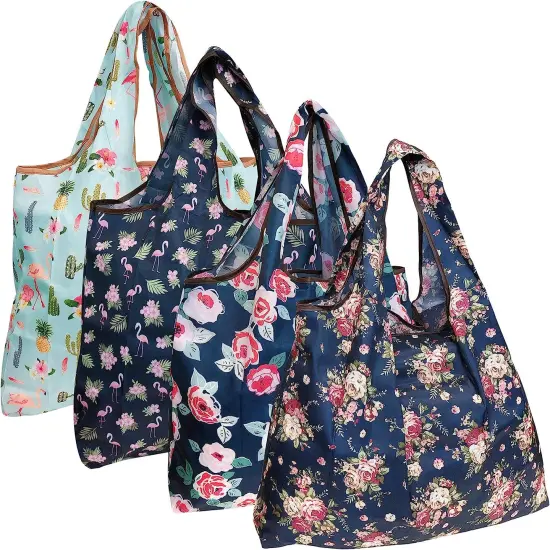 Wrapables Large Foldable Tote Nylon Reusable Grocery Bags, 4 Pack Flamingoes Flowers {1}