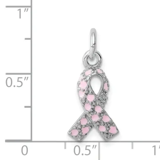 Sterling Silver Enameled Pink Ribbon Charm Pendant Jewerly 21mm x 10mm {5}